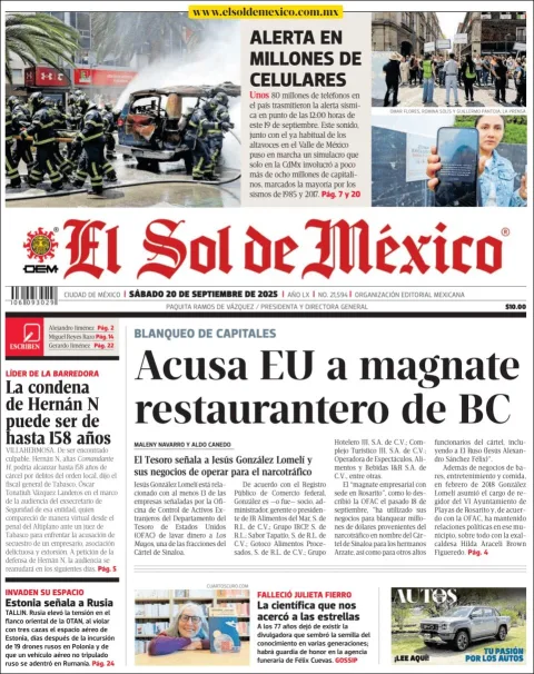 Portada de El Sol de Mexico del sábado, 20 de septiembre de 2025