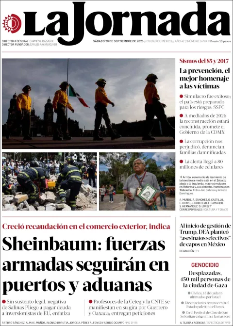 Portada de La Jornada del sábado, 20 de septiembre de 2025