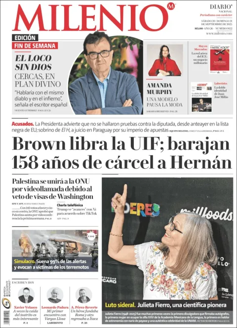 Portada de Milenio del domingo, 21 de septiembre de 2025