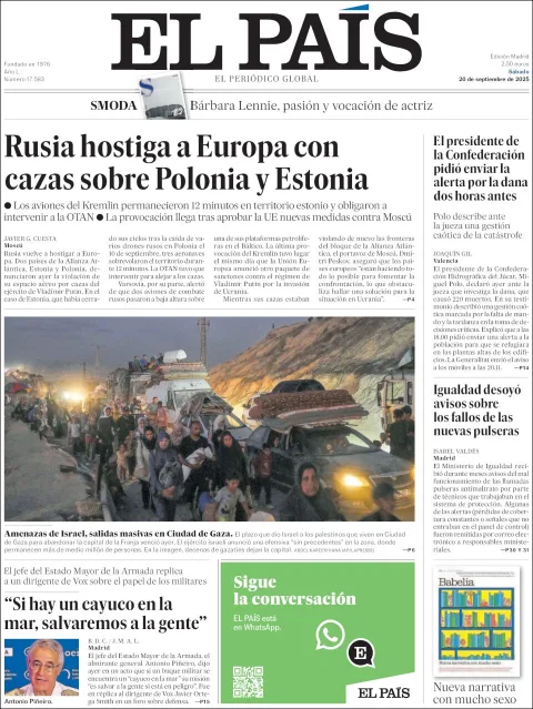 Portada de El Pais del sábado, 20 de septiembre de 2025