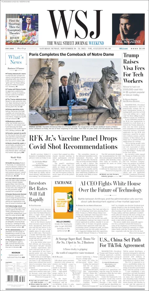 Portada de The Wall Street Journal del sábado, 20 de septiembre de 2025