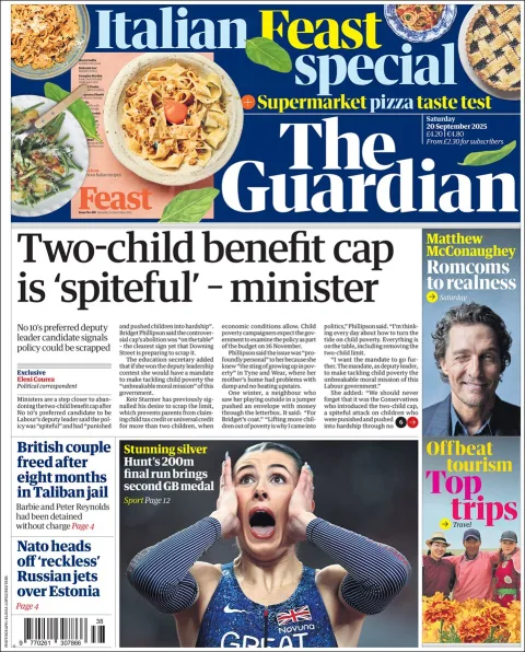 Portada de The Guardian (reino Unido) del sábado, 20 de septiembre de 2025