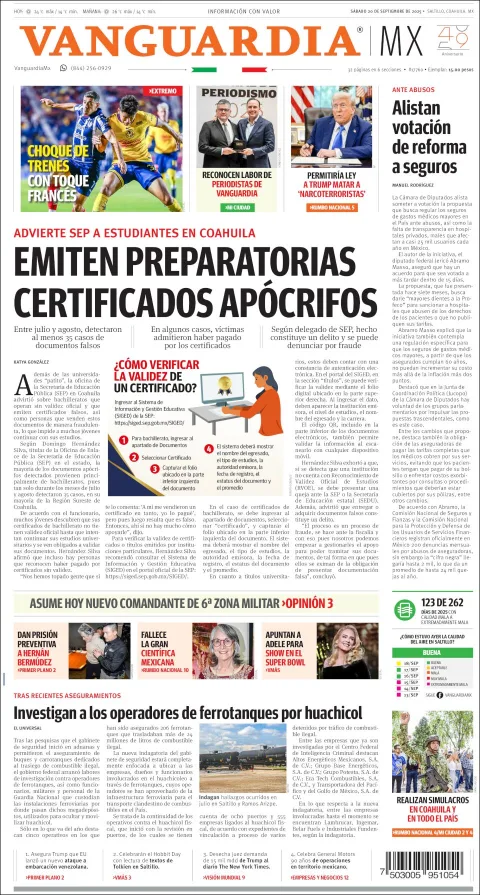 Portada de Vanguardia del sábado, 20 de septiembre de 2025