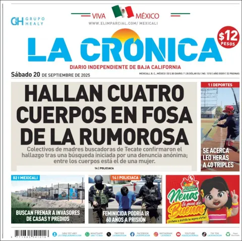 Portada de La Cronica del sábado, 20 de septiembre de 2025