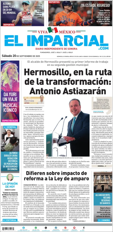 Portada de El Imparcial del sábado, 20 de septiembre de 2025