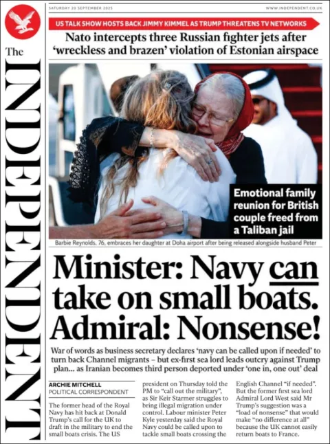 Portada de The Independent del sábado, 20 de septiembre de 2025