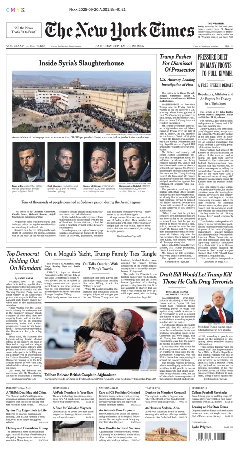 Portada de The New York Times (new York) del sábado, 20 de septiembre de 2025