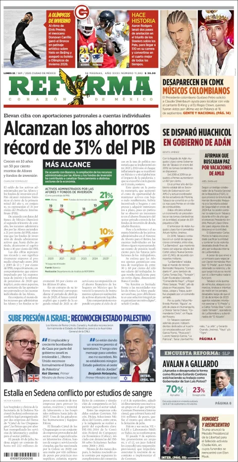 Portada de Reforma del lunes, 22 de septiembre de 2025