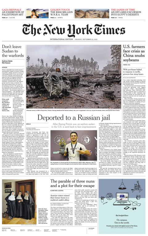 Portada de The New York Times (international) del lunes, 22 de septiembre de 2025