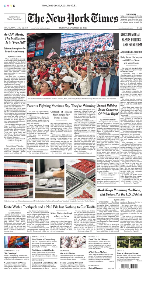 Portada de The New York Times (new York) del lunes, 22 de septiembre de 2025