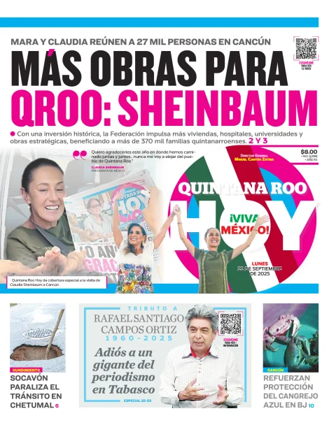 Portada de Quintana Roo Hoy (portada) del lunes, 22 de septiembre de 2025
