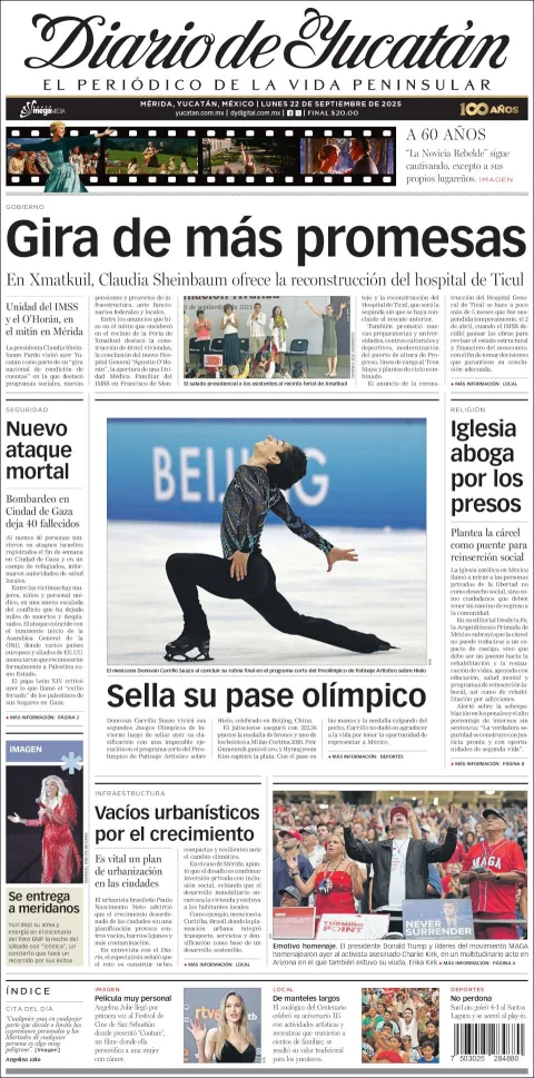 Portada de Diario de Yucatán del lunes, 22 de septiembre de 2025
