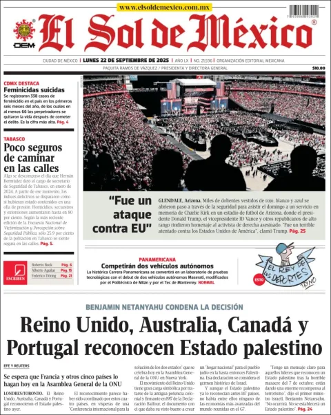 Portada de El Sol de Mexico del lunes, 22 de septiembre de 2025
