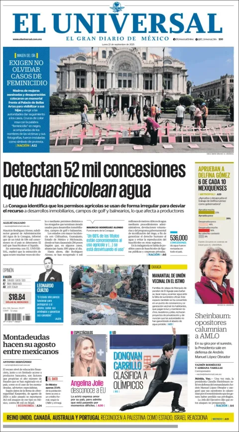 Portada de El Universal del lunes, 22 de septiembre de 2025