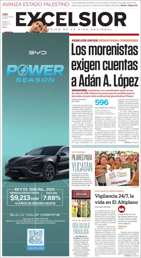 Portada de Excelsior del lunes, 22 de septiembre de 2025