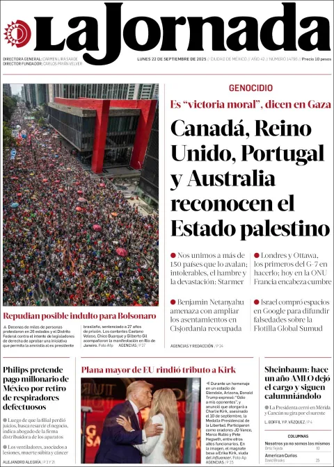 Portada de La Jornada del lunes, 22 de septiembre de 2025