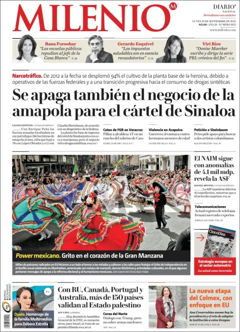 Portada de Milenio del lunes, 22 de septiembre de 2025