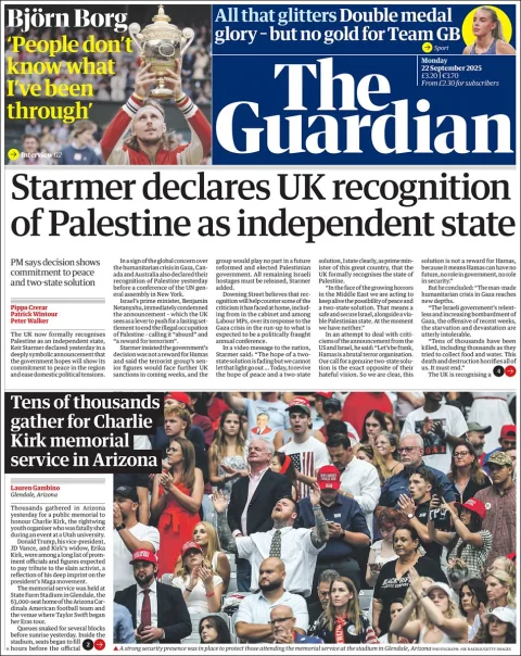 Portada de The Guardian (reino Unido) del lunes, 22 de septiembre de 2025