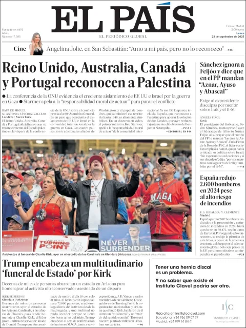 Portada de El Pais del lunes, 22 de septiembre de 2025
