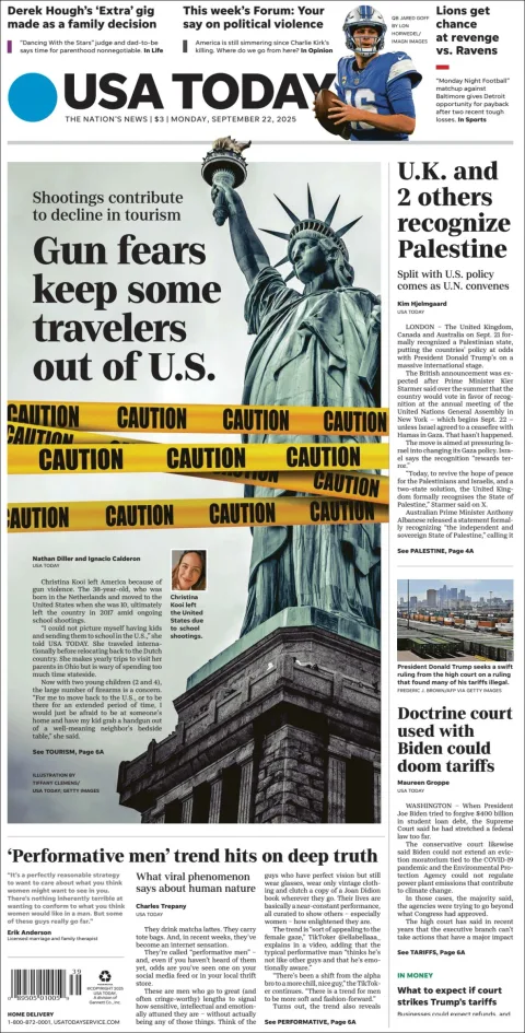 Portada de Usa Today del lunes, 22 de septiembre de 2025