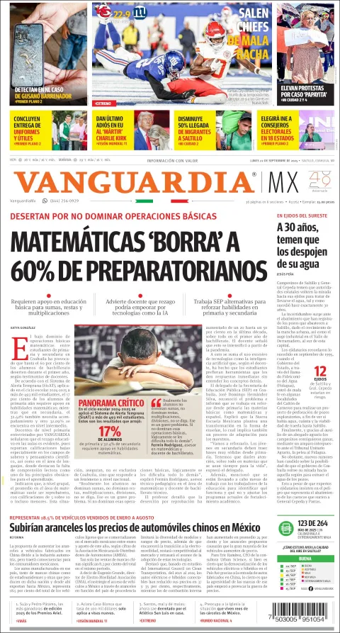 Portada de Vanguardia del lunes, 22 de septiembre de 2025