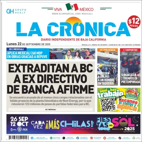 Portada de La Cronica del lunes, 22 de septiembre de 2025