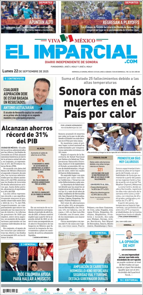 Portada de El Imparcial del lunes, 22 de septiembre de 2025