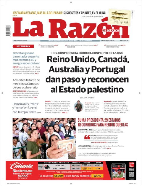 Portada de La Razon del lunes, 22 de septiembre de 2025