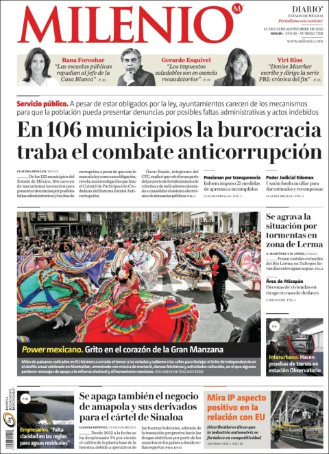 Portada de Milenio Edo de Mexico del lunes, 22 de septiembre de 2025
