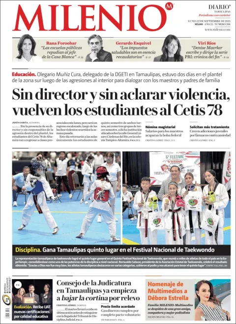 Portada de Milenio Tamaulipas del lunes, 22 de septiembre de 2025