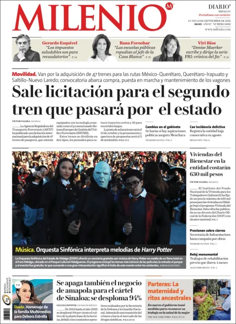 Portada de Milenio Hidalgo del lunes, 22 de septiembre de 2025