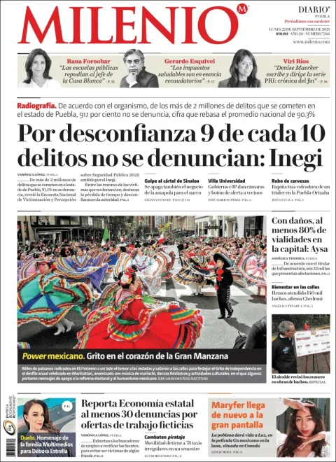 Portada de Milenio Puebla del lunes, 22 de septiembre de 2025