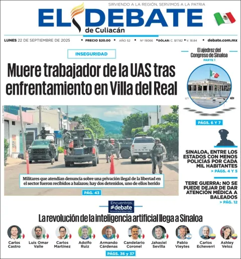 Portada de El Debate de Culiacan del lunes, 22 de septiembre de 2025