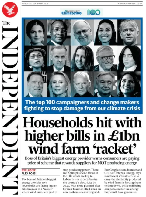 Portada de The Independent del lunes, 22 de septiembre de 2025