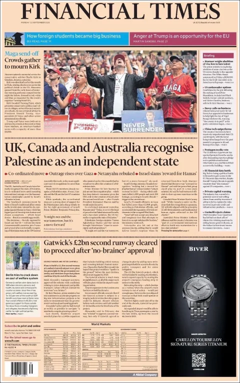 Portada de Financial Times del lunes, 22 de septiembre de 2025