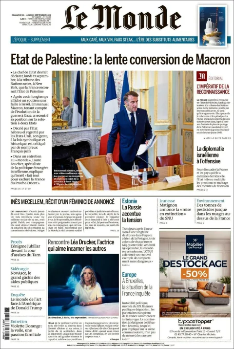 Portada de Le Monde del lunes, 22 de septiembre de 2025