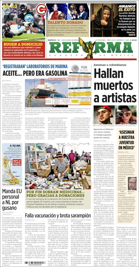 Portada de Reforma del martes, 23 de septiembre de 2025
