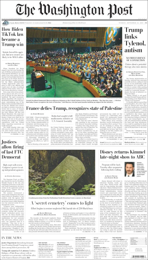 Portada de The Washington Post del martes, 23 de septiembre de 2025