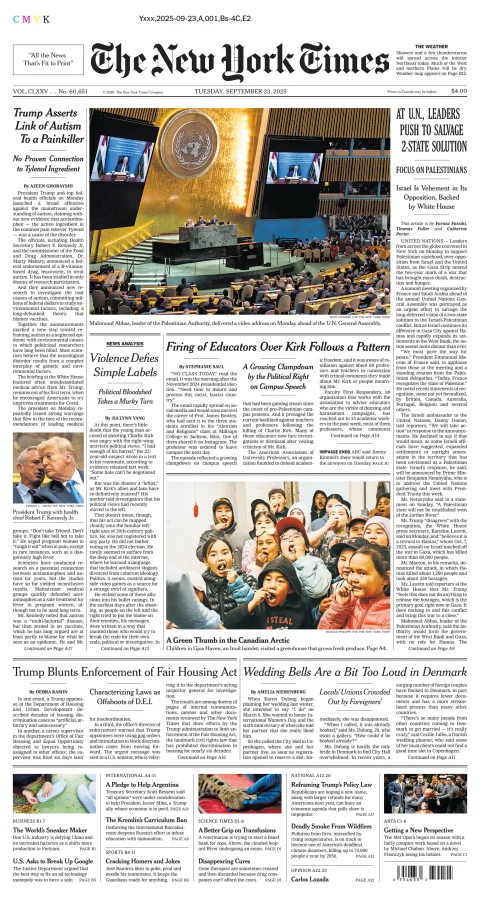 Portada de The New York Times (national) del martes, 23 de septiembre de 2025