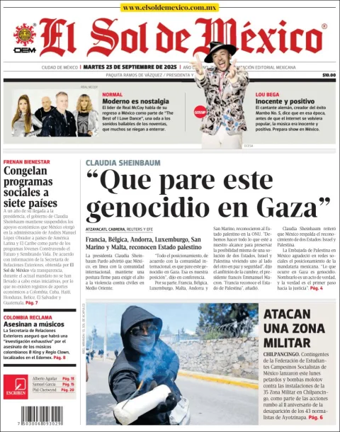 Portada de El Sol de Mexico del martes, 23 de septiembre de 2025