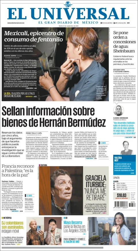 Portada de El Universal del martes, 23 de septiembre de 2025