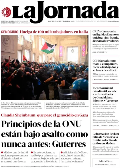 Portada de La Jornada del martes, 23 de septiembre de 2025