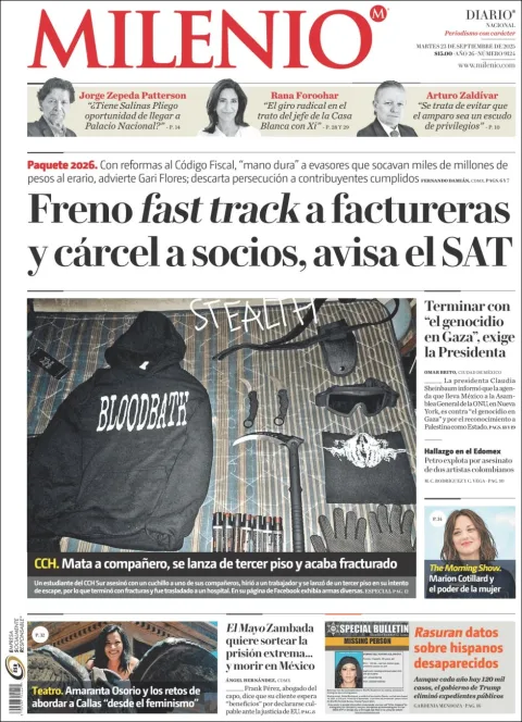 Portada de Milenio del martes, 23 de septiembre de 2025