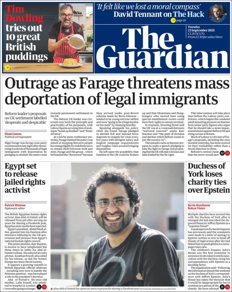 Portada de The Guardian (reino Unido) del martes, 23 de septiembre de 2025