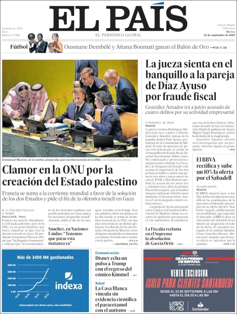 Portada de El Pais del martes, 23 de septiembre de 2025