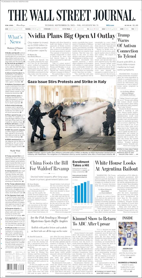 Portada de The Wall Street Journal del martes, 23 de septiembre de 2025