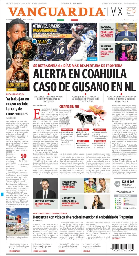 Portada de Vanguardia del martes, 23 de septiembre de 2025