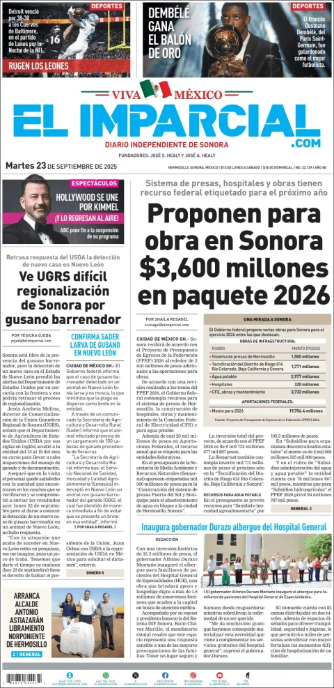 Portada de El Imparcial del martes, 23 de septiembre de 2025