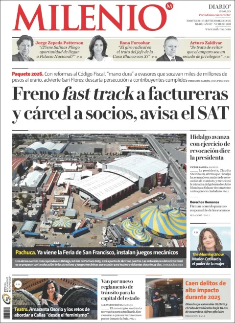 Portada de Milenio Hidalgo del martes, 23 de septiembre de 2025