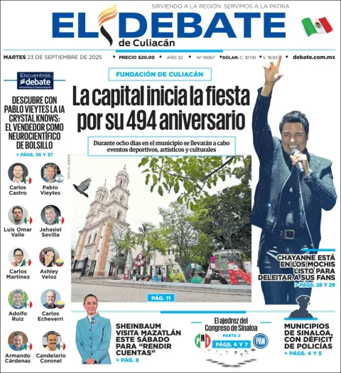 Portada de El Debate de Culiacan del martes, 23 de septiembre de 2025